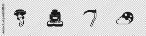 Set Psilocybin mushroom, Tombstone with RIP written, Scythe and Moon and stars icon. Vector