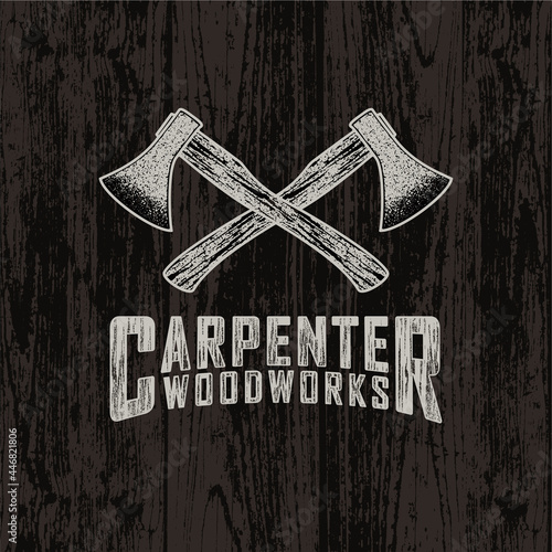 Colored illustration of crossed axes, text on a background with a wooden texture. Design element for emblem, badge, label, sticker. Vector illustration. Carpenter services.