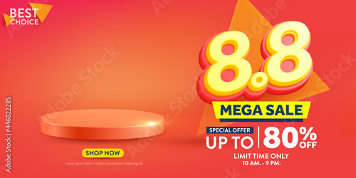 Vector of 8.8 Shopping day Poster or banner with 8 over on product podium scene.8 August sales banner template design for social media and website.Special Offer Sale 80% Off campaign or promotion.