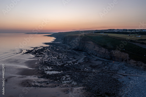 Evening Aerial view of Southerndown Beach, Wales, United Kingdom