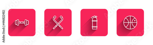 Set line Dumbbell, Ice hockey sticks, Aqualung and Basketball ball with long shadow. Red square button. Vector