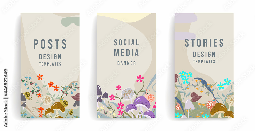 Vector template with funny snail and mushrooms. Ideal for social media posts, stories, banners, mobile apps, web, print ads. Packaging for cosmetics, baby cards, design with copy space for text