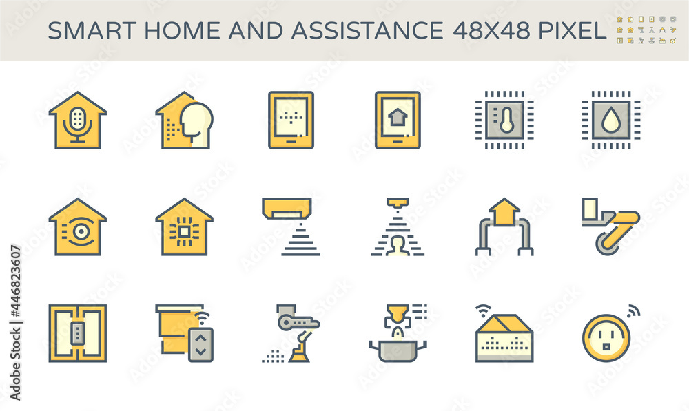 Smart home system and digital technology vector icon set. Consist of voice assistant or recognition, security and automation. To monitoring and control by remote, ai, app in mobile or smartphone. Smart home system and digital technology vector icon set. Consist of voice assistant or recognition, security and automation. To monitoring and control by remote, ai, app in mobile or smartphone.