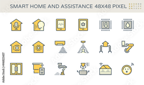 Smart home system and digital technology vector icon set. Consist of voice assistant or recognition, security and automation. To monitoring and control by remote, ai, app in mobile or smartphone.