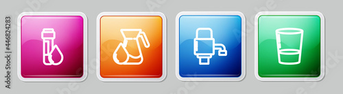 Set line Test tube with water drop, Jug glass, Mechanical pump for and Glass. Colorful square button. Vector