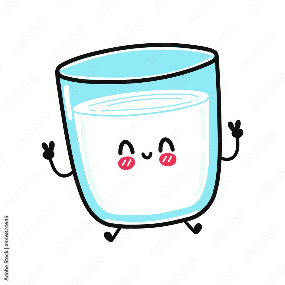 Cute funny glass of milk character. Vector hand drawn cartoon kawaii character illustration icon. Isolated on white background. Glass of milk character concept Cute funny glass of milk character. Vector hand drawn cartoon kawaii character illustration icon. Isolated on white background. Glass of milk character concept