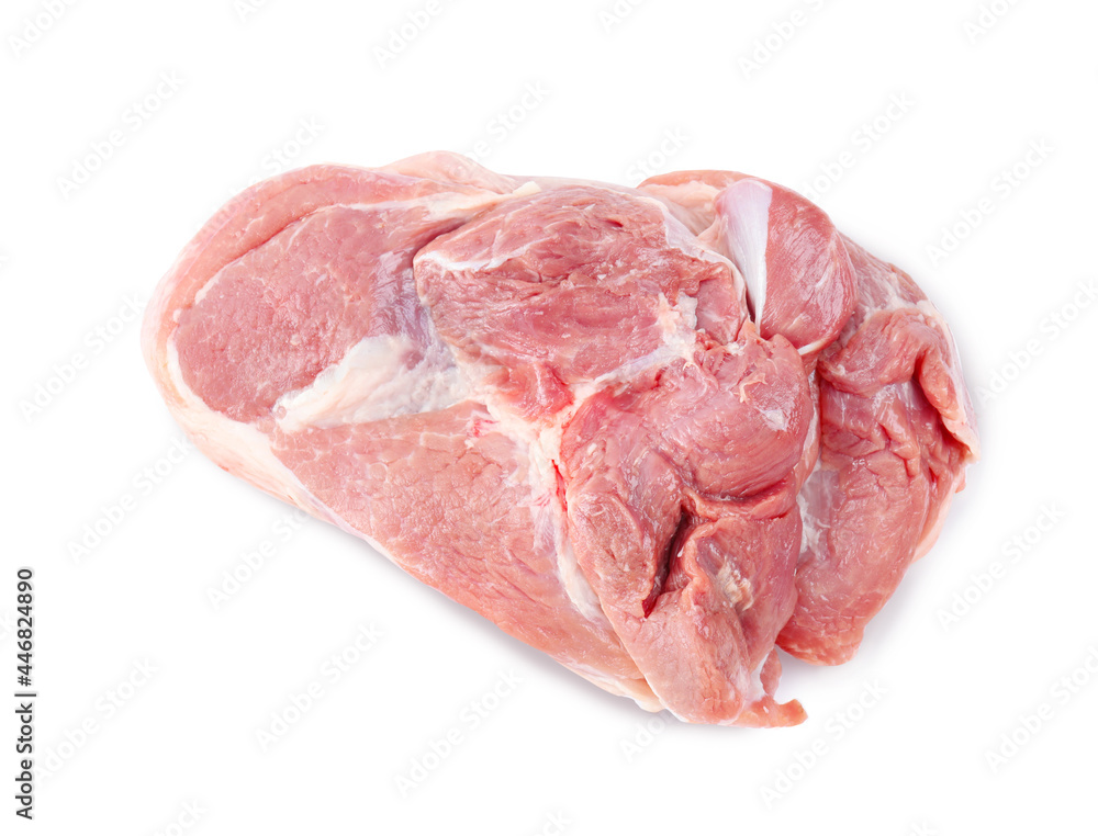 Piece of raw meat isolated on white, top view