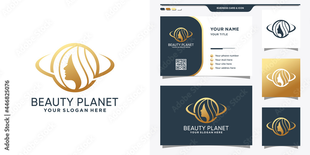 Fototapeta premium Beauty planet logo design template with woman face and business card design