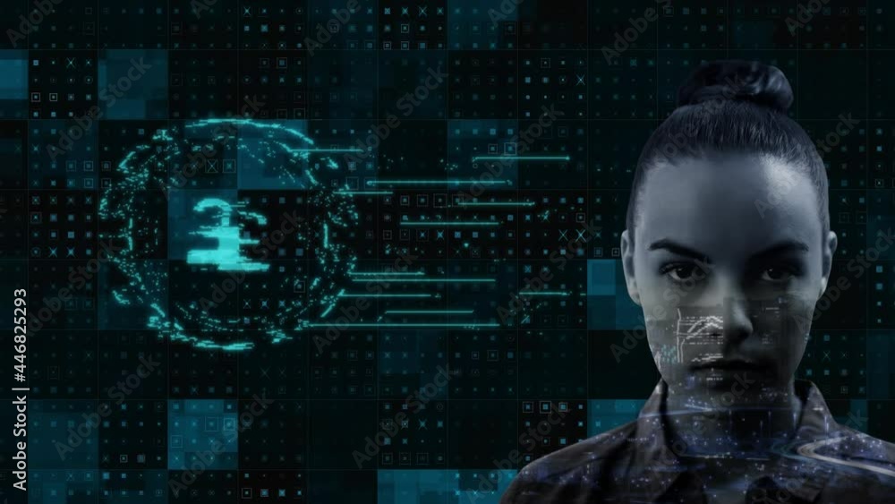 Animation of digital interface with data processing with online security padlock over woman's face Animation of digital interface with data processing with online security padlock over woman's face