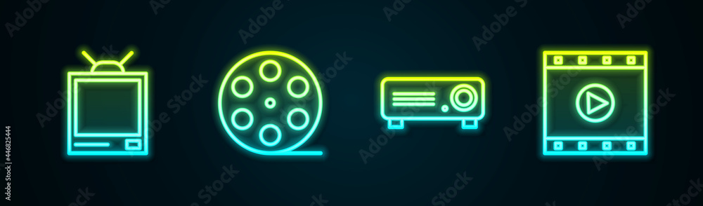 Set line Retro tv, Film reel, Movie, film, media projector and Play Video. Glowing neon icon. Vector