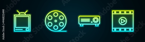 Set line Retro tv, Film reel, Movie, film, media projector and Play Video. Glowing neon icon. Vector