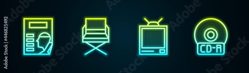 Set line Cinema poster, Director movie chair, Retro tv and CD DVD disk. Glowing neon icon. Vector