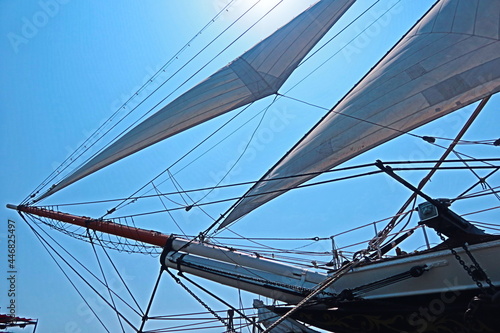 Sail Rigging of a Tall Ship with Ropes and Blocks