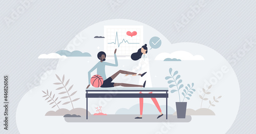 Sport medicine ar athlete injury treatment or health care tiny person concept. Medical help with cardiology, knee or ankle problems vector illustration. Physical pain consultation from specialist.
