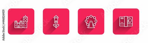 Set line Big Ben tower, Vintage street light, London eye and Pound sterling money with long shadow. Red square button. Vector