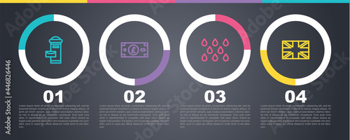 Set line London mail box, Pound sterling money, Water drop and Flag of Great Britain. Business infographic template. Vector