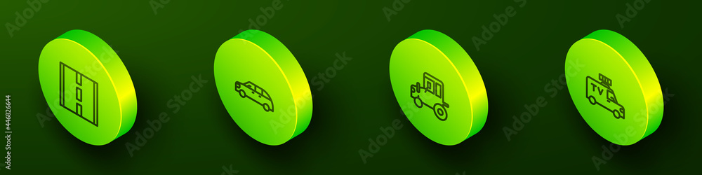 Set Isometric line Road, Hatchback car, Tractor and TV News icon. Vector Set Isometric line Road, Hatchback car, Tractor and TV News icon. Vector