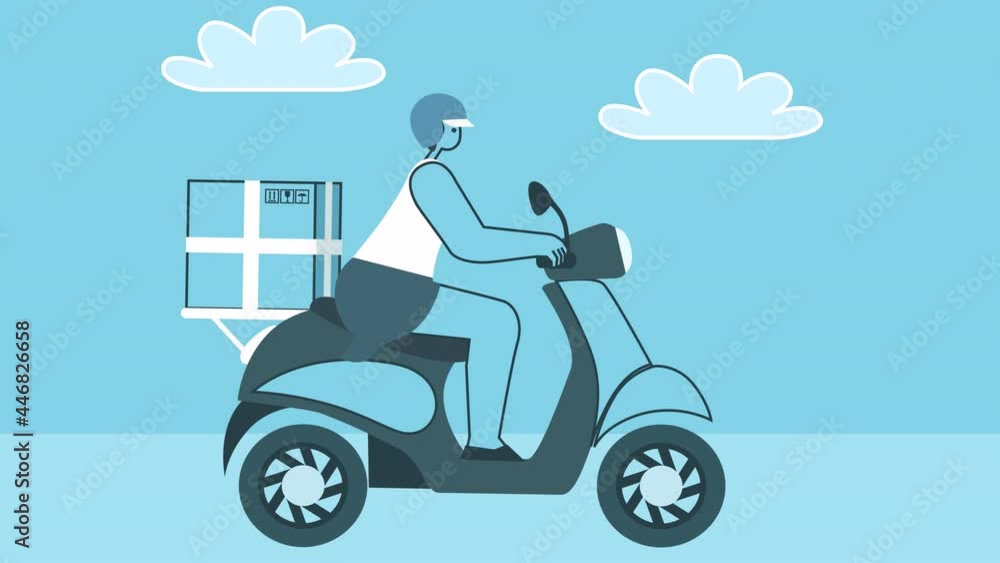 Cartoon flat delivery woman rides a motor scooter with cardboard box. Flat Design Cartoon Character Isolated Loop 2d Animation with Alpha Channel Cartoon flat delivery woman rides a motor scooter with cardboard box. Flat Design Cartoon Character Isolated Loop 2d Animation with Alpha Channel