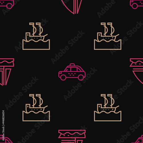 Set line Yacht sailboat, Sailboat and Taxi car on seamless pattern. Vector © Kostiantyn