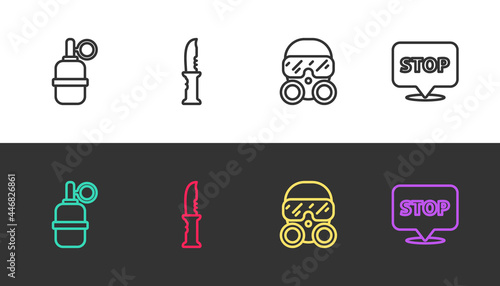 Set line Hand grenade, Military knife, Gas mask and Protest on black and white. Vector
