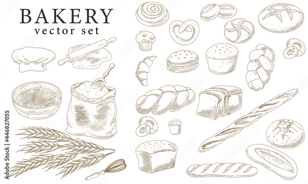 A collection of bread and bread products in an engraved vintage style. Emblem, bakery icon A collection of bread and bread products in an engraved vintage style. Emblem, bakery icon
