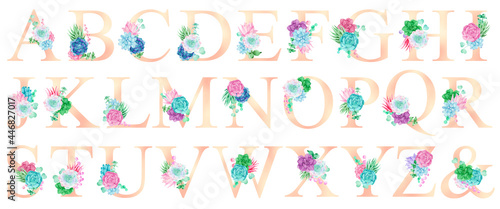 Floral watercolor alphabet set collection with colorful succulents.