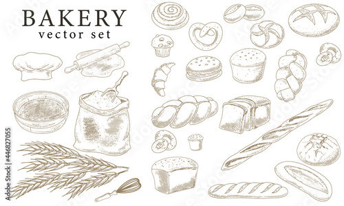 A collection of bread and bread products in an engraved vintage style. Emblem, bakery icon
