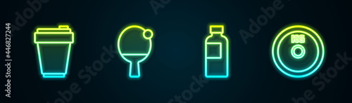 Set line Fitness shaker, Racket and ball, and Weight plate. Glowing neon icon. Vector