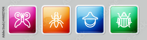 Set line Butterfly, Ant, Beekeeper hat and Colorado beetle. Colorful square button. Vector