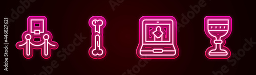 Set line Picture and rope barrier, Human broken bone, Online museum and Medieval goblet. Glowing neon icon. Vector