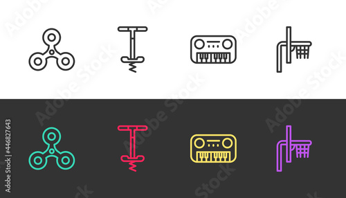 Set line Fidget spinner, Pogo stick jumping toy, Toy piano and Basketball backboard on black and white. Vector