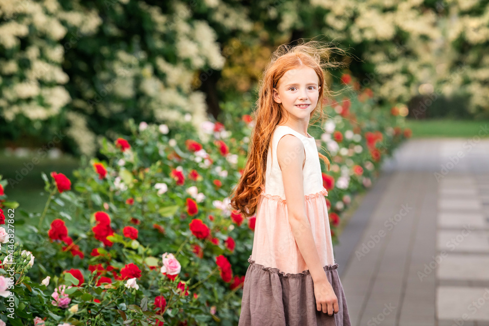 red-haired girl child sniffing a rose in blooming garden in summer red-haired girl child sniffing a rose in blooming garden in summer