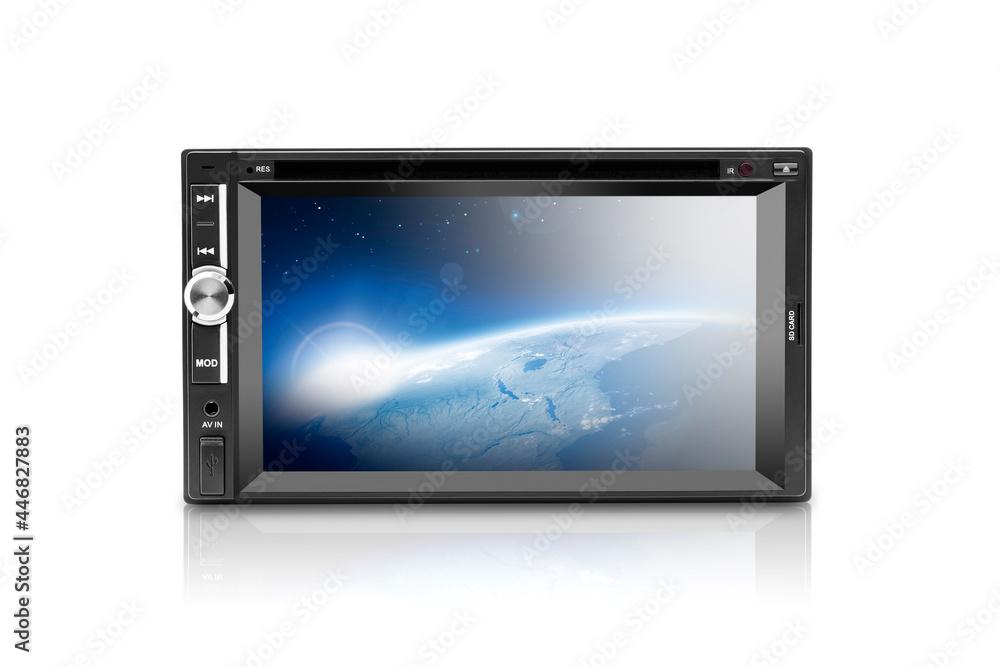 Front view of a black automobile dvd with silver buttons on left side with an image of earth on the screen on white background Front view of a black automobile dvd with silver buttons on left side with an image of earth on the screen on white background