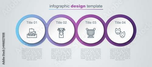 Set line Greek trireme, Medusa Gorgon, Ancient lyre and Comedy and tragedy masks. Business infographic template. Vector