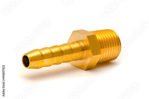 Threaded brass barb pipe fitting on white.