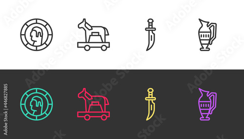 Set line Ancient Greek coin, Trojan horse, Dagger and amphorae on black and white. Vector