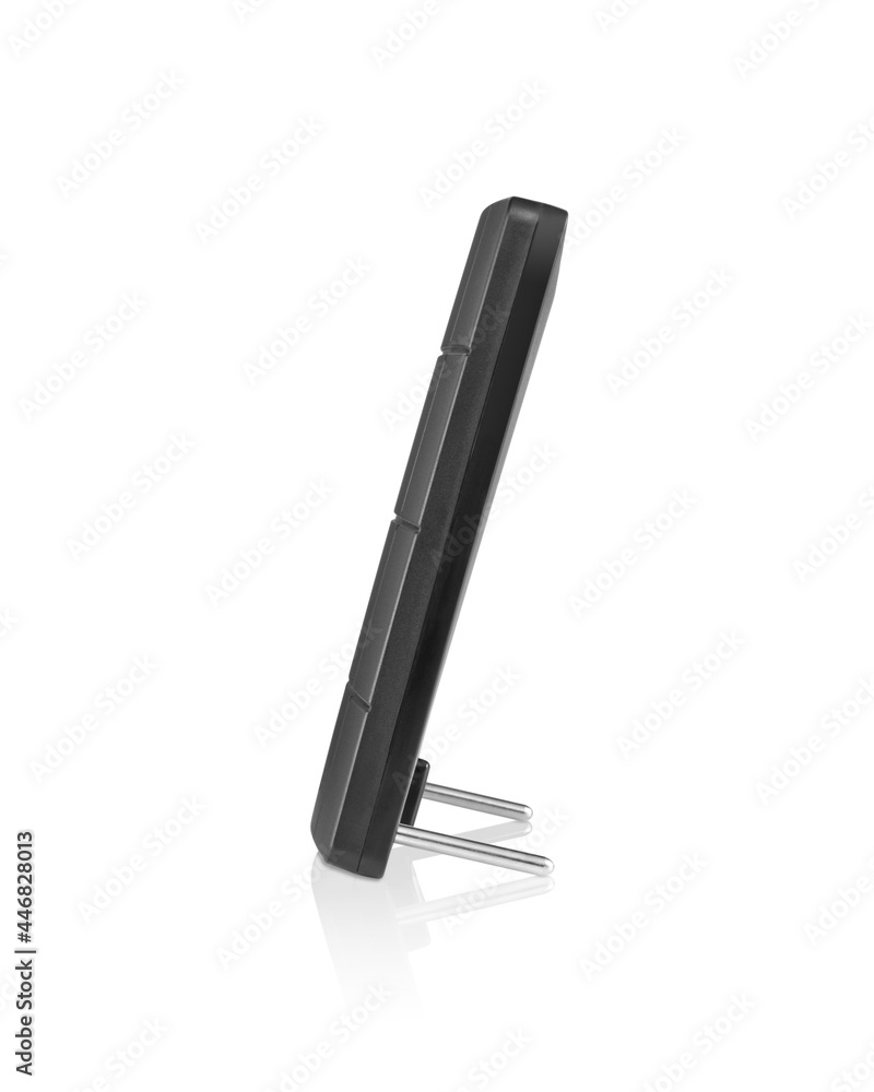 Side view of uhf vhf black square tv antenna on white background with reflection underneath Side view of uhf vhf black square tv antenna on white background with reflection underneath