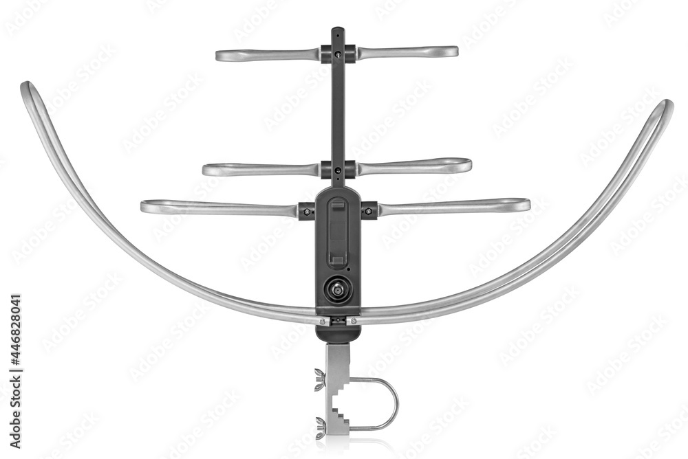 Front vertical view of metal uhf vhf tv antenna on white background Front vertical view of metal uhf vhf tv antenna on white background