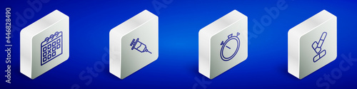 Set Isometric line Calendar fitness, Doping syringe, Stopwatch and Vitamin pill icon. Vector