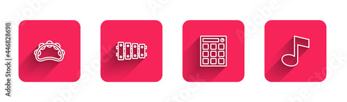 Set line Tambourine, Xylophone, Drum machine and Music note, tone with long shadow. Red square button. Vector