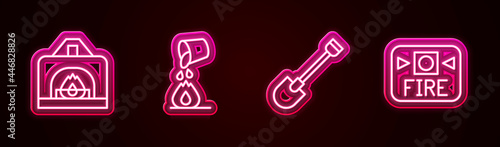 Set line Interior fireplace, Bucket extinguishing, Fire shovel and alarm system. Glowing neon icon. Vector