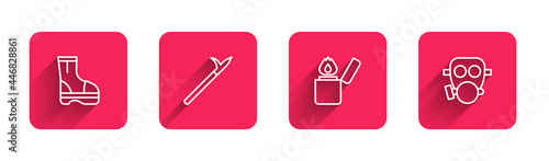 Set line Fire boots, Metal pike pole, Lighter and Gas mask with long shadow. Red square button. Vector