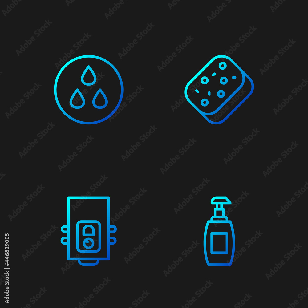 Set line Bottle of liquid soap, Gas boiler, Water drop and Sponge. Gradient color icons. Vector Set line Bottle of liquid soap, Gas boiler, Water drop and Sponge. Gradient color icons. Vector