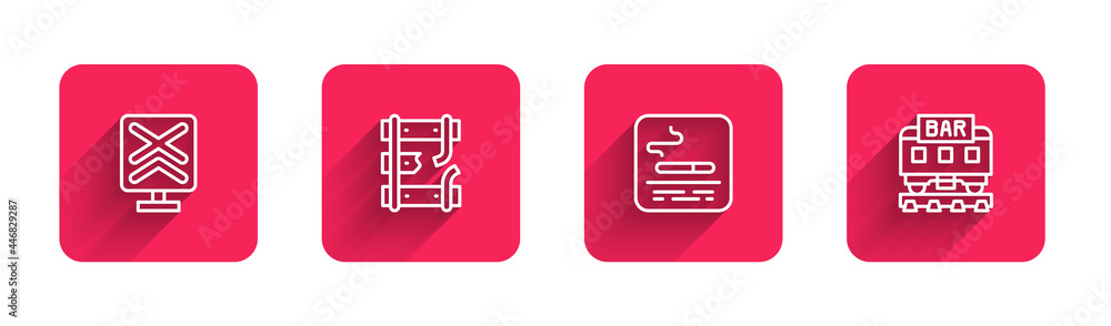 Set line Railroad crossing, Broken rails on railway, Smoking area and Restaurant train with long shadow. Red square button. Vector Set line Railroad crossing, Broken rails on railway, Smoking area and Restaurant train with long shadow. Red square button. Vector