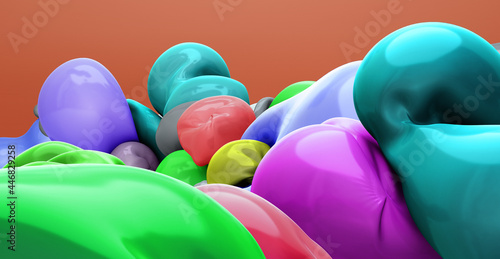bunte farbenfrohe blasen, bälle, kissen oder ballone, metallisch glänzend, abstrakt und modern, 3d, fröhlich und lebendig, regenbogen farben, close-up, hintergrund, lgbtq photo