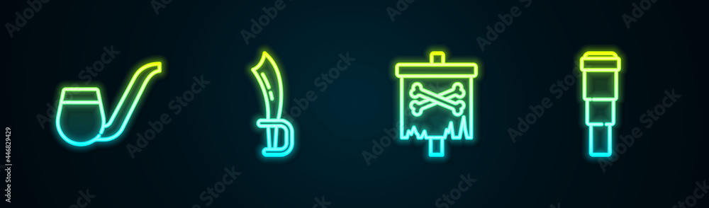 Set line Smoking pipe, Pirate sword, flag and Spyglass telescope lens. Glowing neon icon. Vector Set line Smoking pipe, Pirate sword, flag and Spyglass telescope lens. Glowing neon icon. Vector