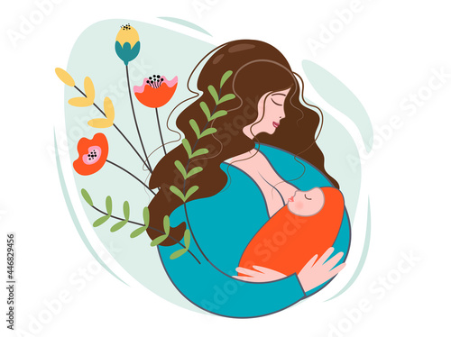 Mother and child. Illustration of World Breastfeeding Week. Happy mother's day. A woman is breastfeeding a newborn baby. The concept of love, protection and motherhood. Vector flat design with flowers