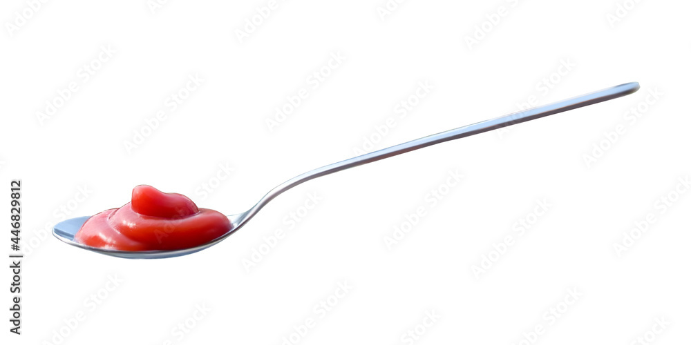 Ketchup red splashes in spoon isolated on white background. Tomato sauce top view. High resolution photo Ketchup red splashes in spoon isolated on white background. Tomato sauce top view. High resolution photo