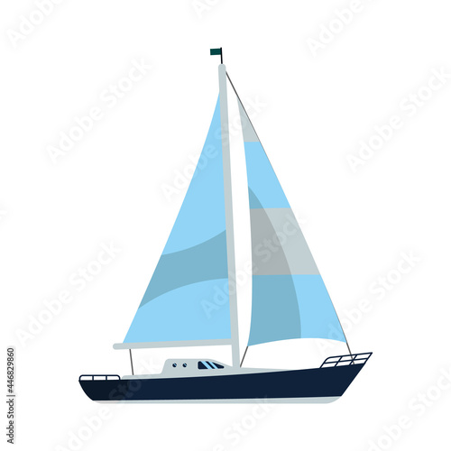 Yacht is a blue-and-white sailboat on a white isolated background. Color vector illustration of a flat style.