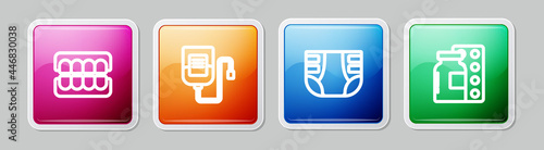 Set line False jaw, IV bag, Adult diaper and Pills in blister pack. Colorful square button. Vector